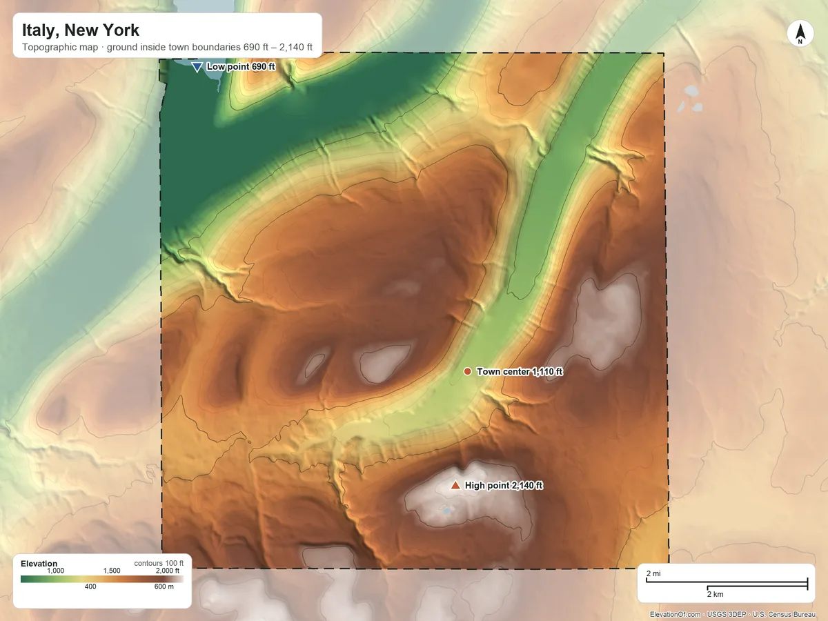 Topographic elevation map of Italy, New York, shaded from 690 ft on the northwest side to 2,140 ft on the south side
