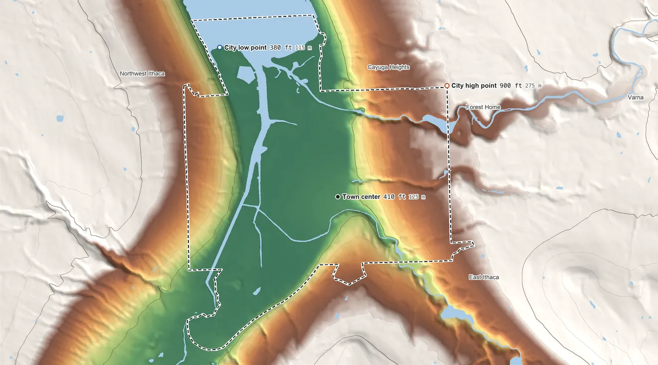 Topographic elevation map of Ithaca, New York, shaded from 380 ft on the northwest side to 900 ft on the northeast side