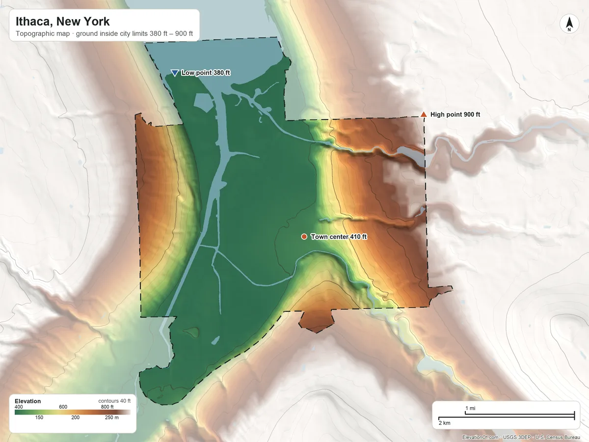 Topographic elevation map of Ithaca, New York, shaded from 380 ft on the northwest side to 900 ft on the northeast side