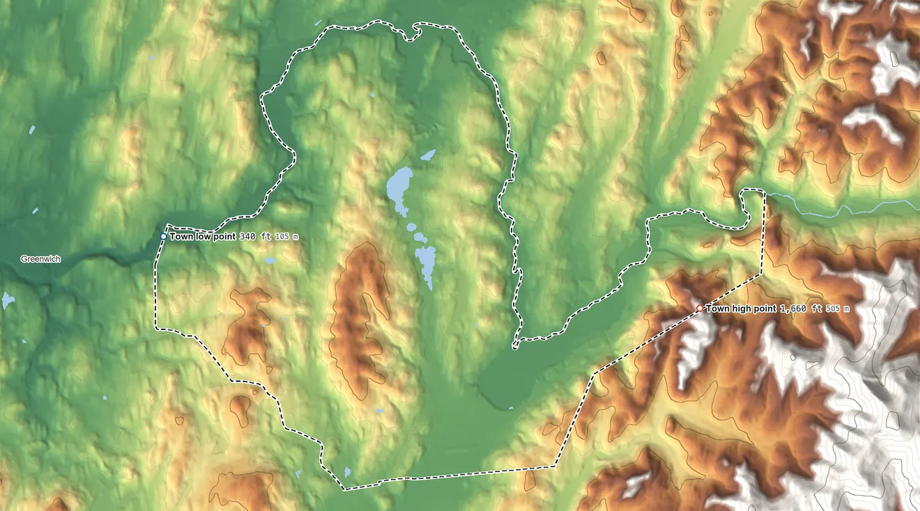 Topographic elevation map of Jackson, New York, shaded from 340 ft on the west side to 1,660 ft on the east edge, below higher ground just outside