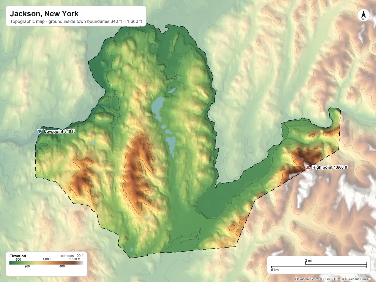 Topographic elevation map of Jackson, New York, shaded from 340 ft on the west side to 1,660 ft on the east edge, below higher ground just outside