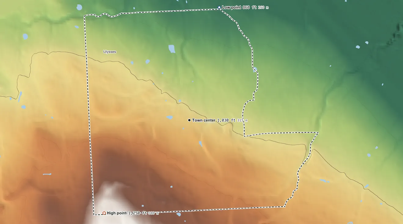 Topographic elevation map of Jacksonville, New York, shaded from 860 ft on the north side to 1,250 ft on the southwest side