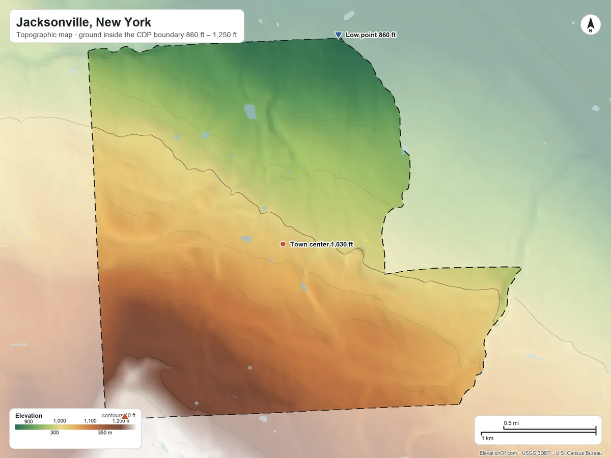 Topographic elevation map of Jacksonville, New York, shaded from 860 ft on the north side to 1,250 ft on the southwest side
