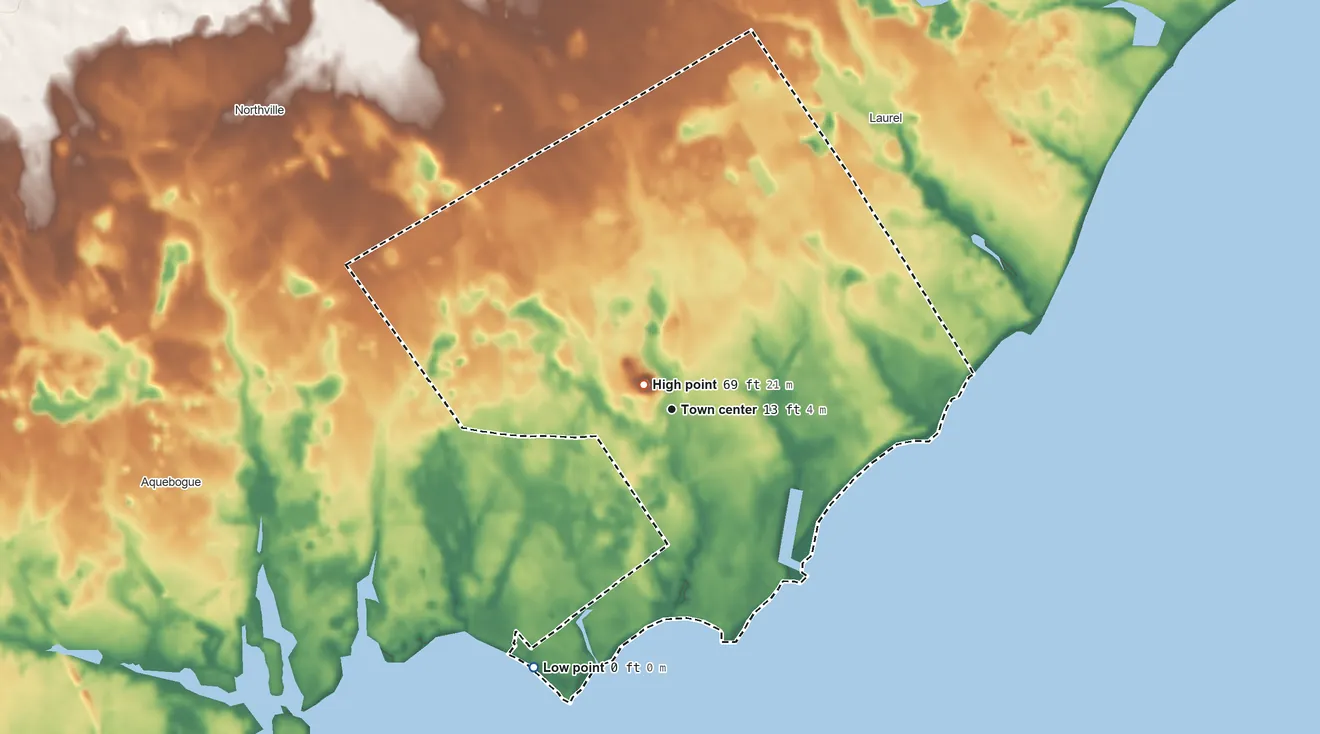 Topographic elevation map of Jamesport, New York, shaded from sea level level on the Simmons Point to 69 ft near the middle
