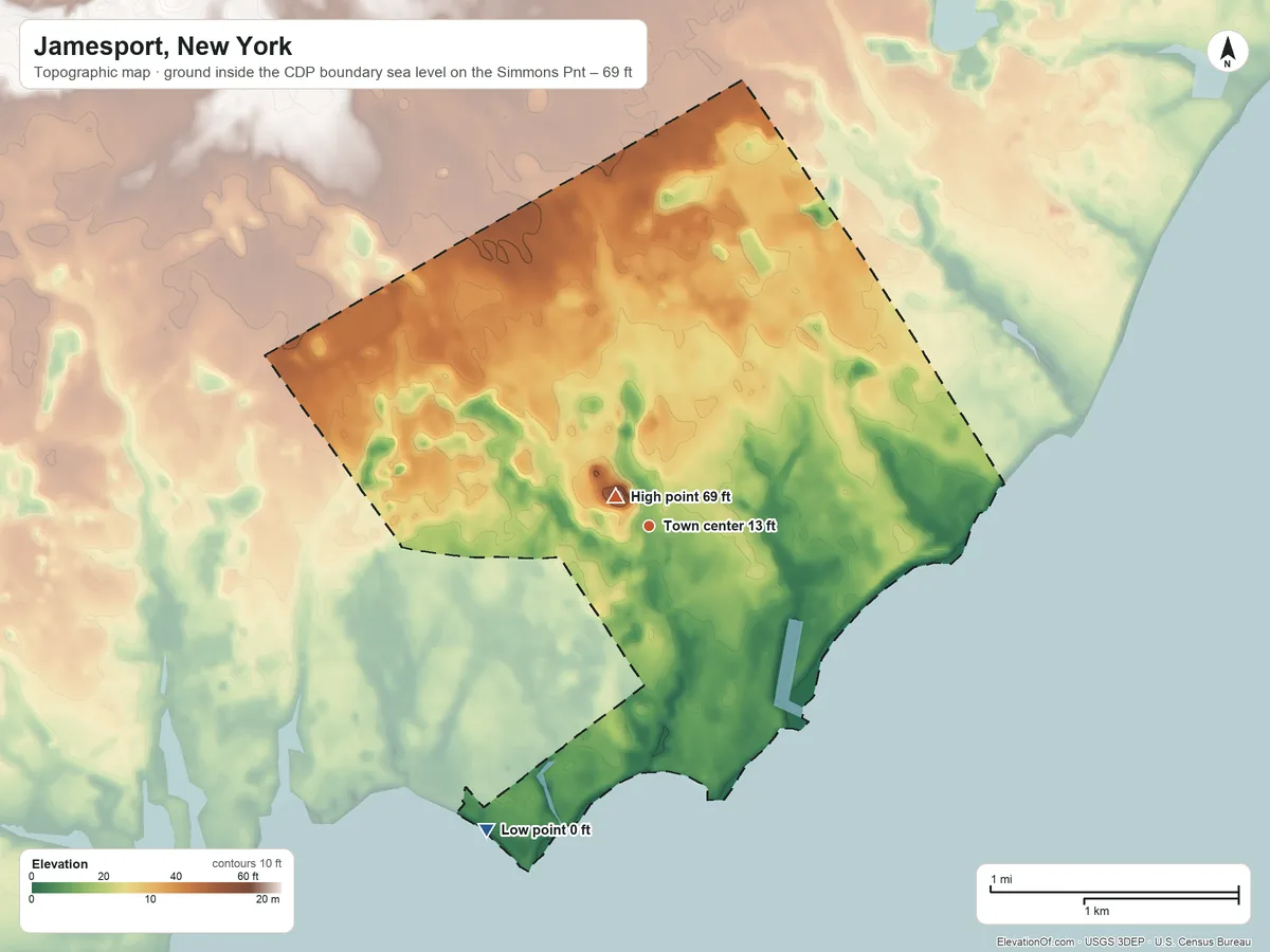 Topographic elevation map of Jamesport, New York, shaded from sea level level on the Simmons Point to 69 ft near the middle