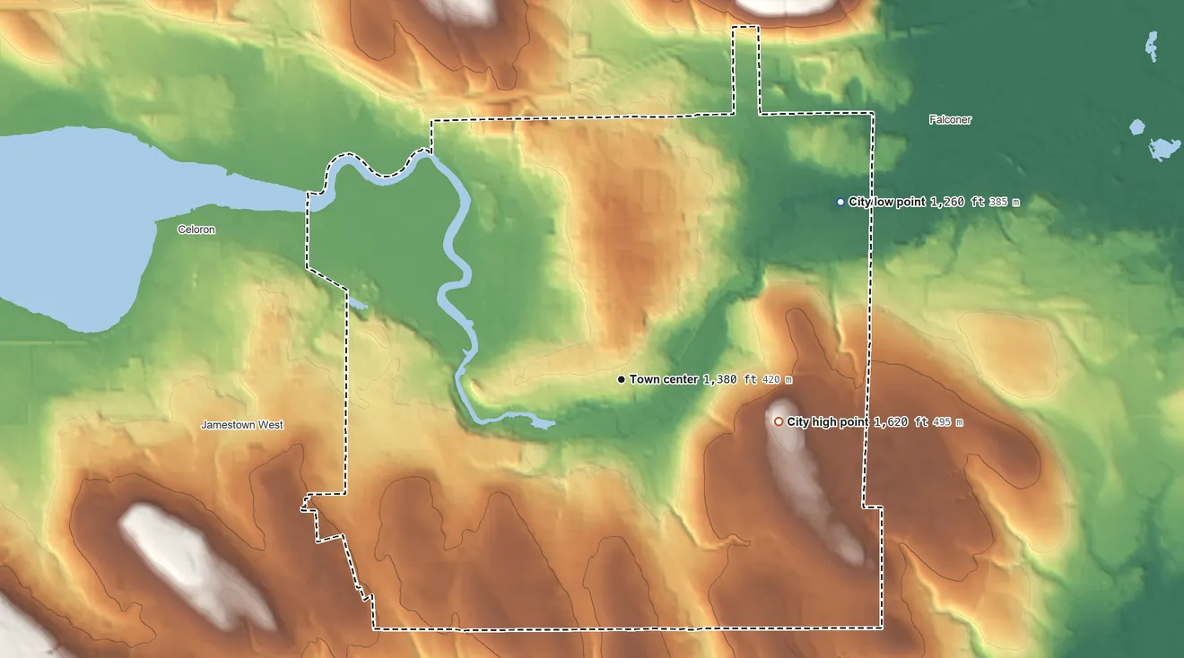 Topographic elevation map of Jamestown, New York, shaded from 1,260 ft on the northeast side to 1,620 ft on the east side