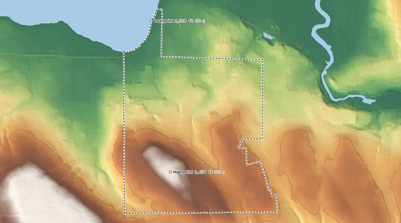 Topographic elevation map of Jamestown West, New York, shaded from 1,310 ft on the northwest side to 1,650 ft on the southwest side
