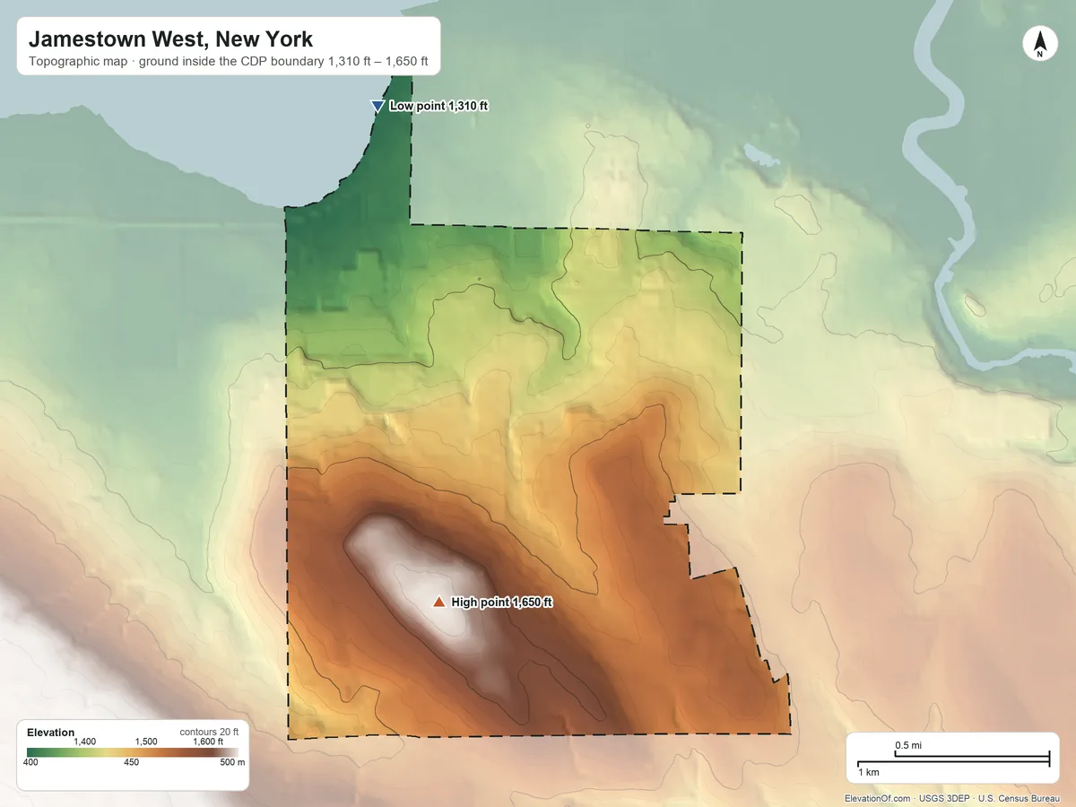 Topographic elevation map of Jamestown West, New York, shaded from 1,310 ft on the northwest side to 1,650 ft on the southwest side