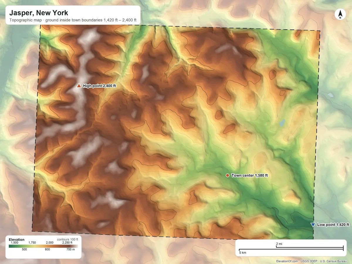 Topographic elevation map of Jasper, New York, shaded from 1,420 ft on the southeast side to 2,400 ft on Jackson Hill