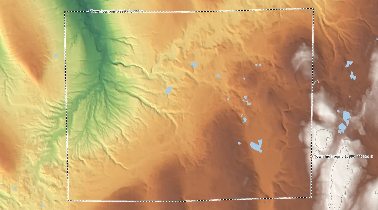 Topographic elevation map of Java, New York, shaded from 990 ft on the northwest side to 1,990 ft on the southeast side