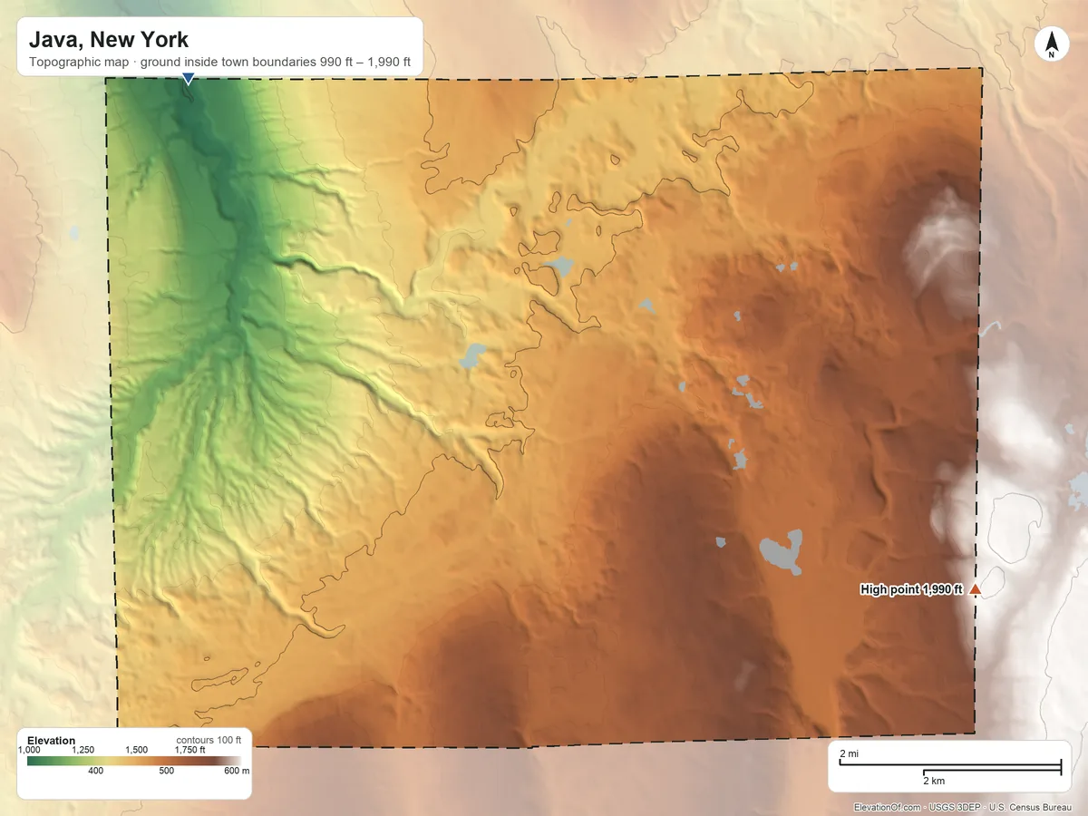 Topographic elevation map of Java, New York, shaded from 990 ft on the northwest side to 1,990 ft on the southeast side