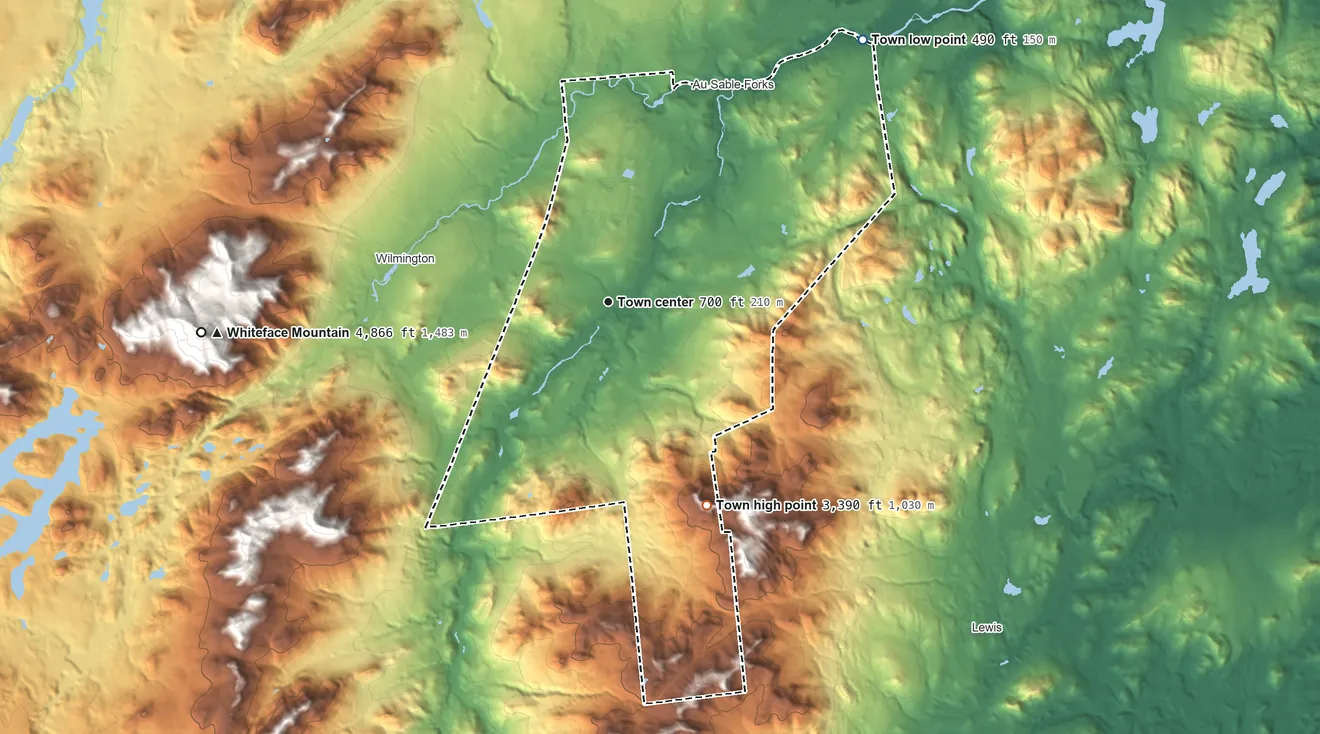 Topographic elevation map of Jay, New York, shaded from 490 ft on the northeast side to 3,390 ft on Jay Mountain