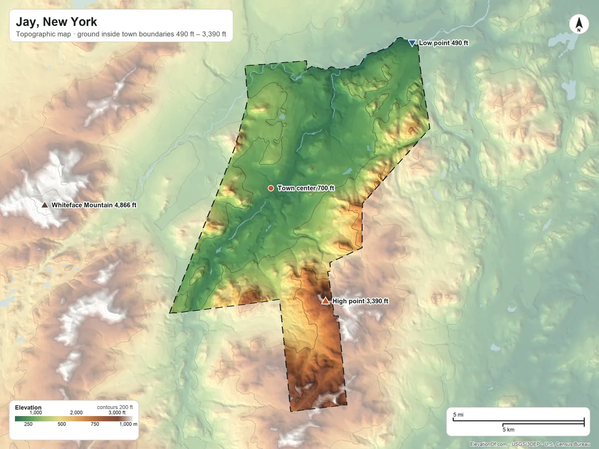 Topographic elevation map of Jay, New York, shaded from 490 ft on the northeast side to 3,390 ft on Jay Mountain