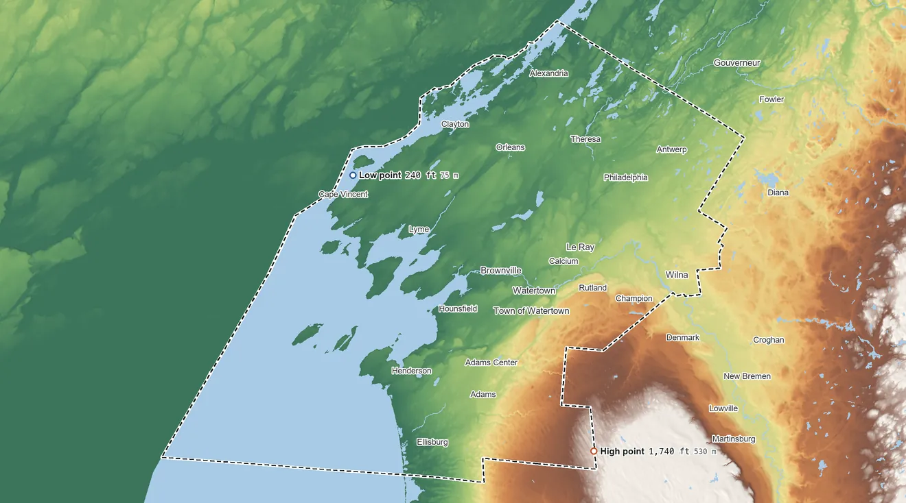 Topographic elevation map of Jefferson County, New York, shaded from 240 ft on the northwest side to 1,740 ft on the southeast side