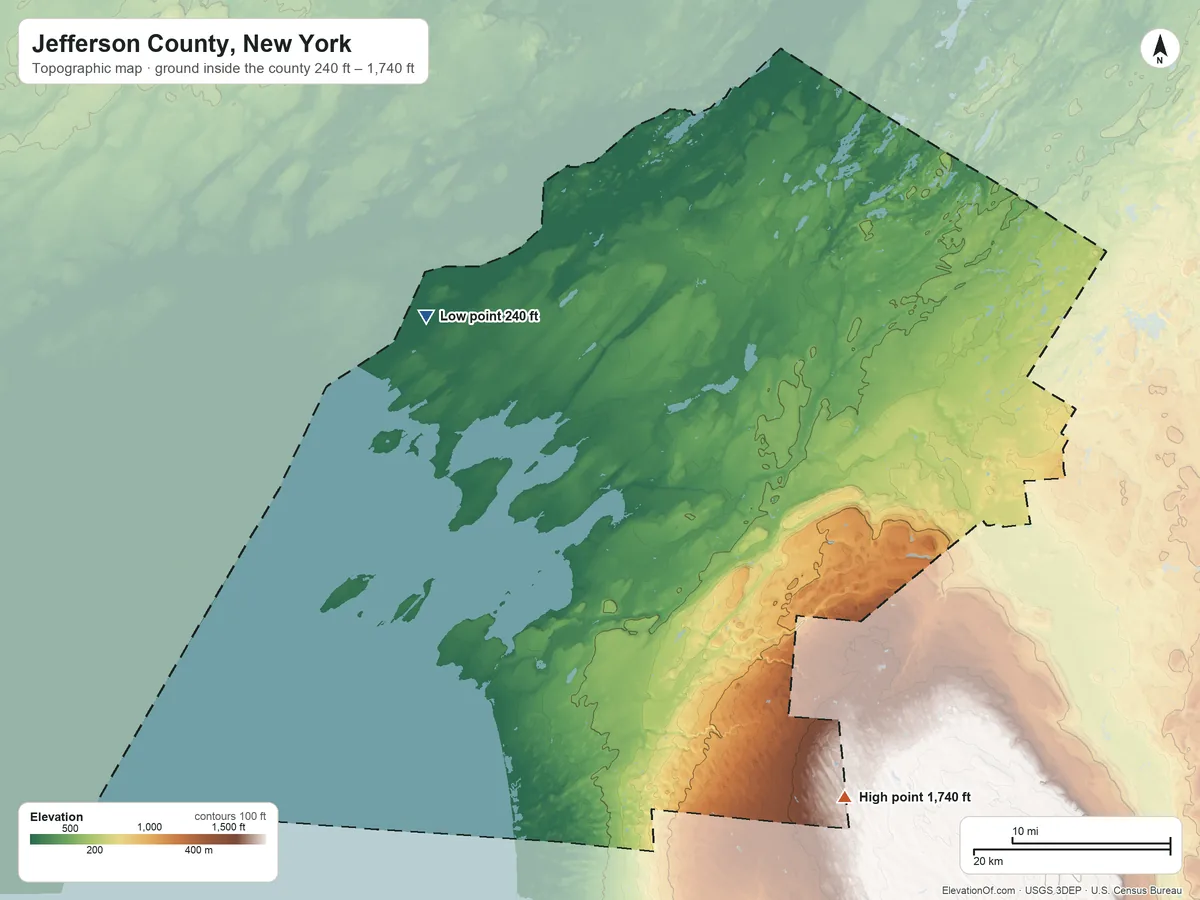 Topographic elevation map of Jefferson County, New York, shaded from 240 ft on the northwest side to 1,740 ft on the southeast side