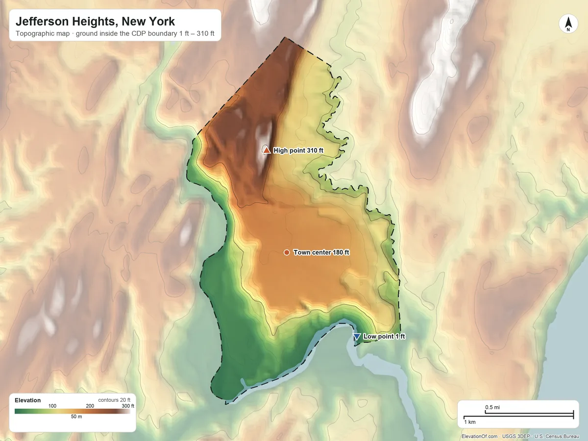 Topographic elevation map of Jefferson Heights, New York, shaded from 1 ft on the southeast side to 310 ft on the north side