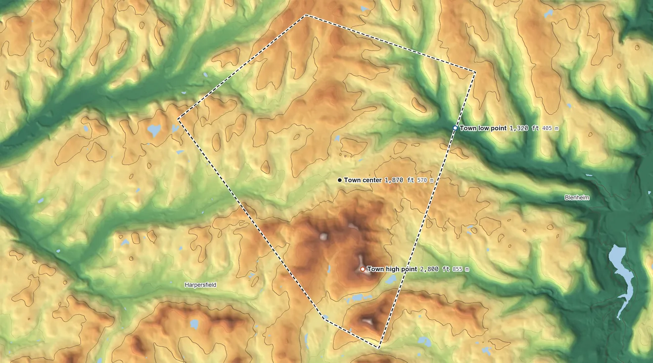 Topographic elevation map of Jefferson, New York, shaded from 1,320 ft on the northeast side to 2,800 ft on Mine Hill