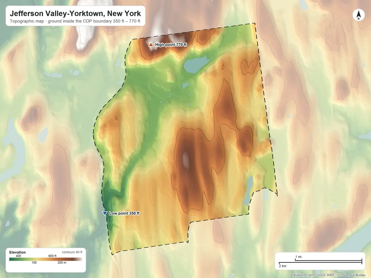 Topographic elevation map of Jefferson Valley-Yorktown, New York, shaded from 350 ft on the southwest side to 770 ft on the northwest side