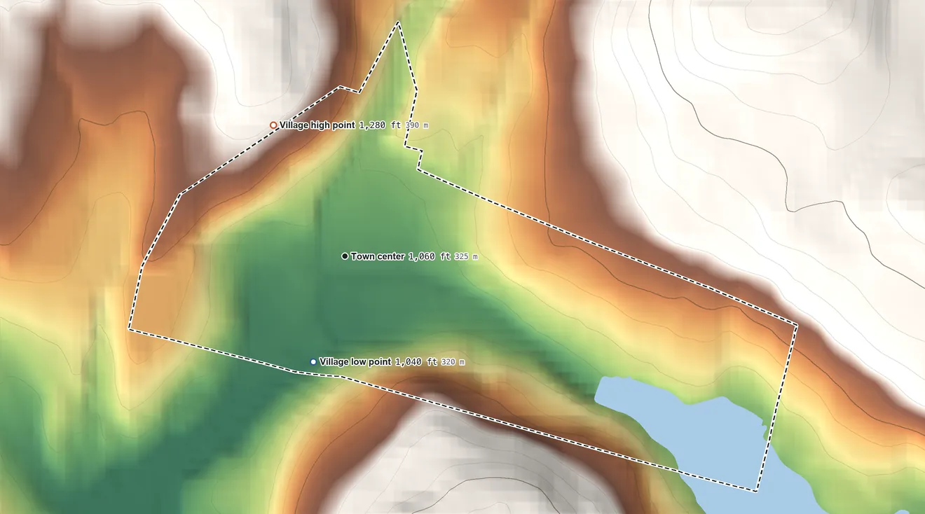 Topographic elevation map of Jeffersonville, New York, shaded from 1,040 ft on the south side to 1,280 ft on the northwest edge, below higher ground just outside