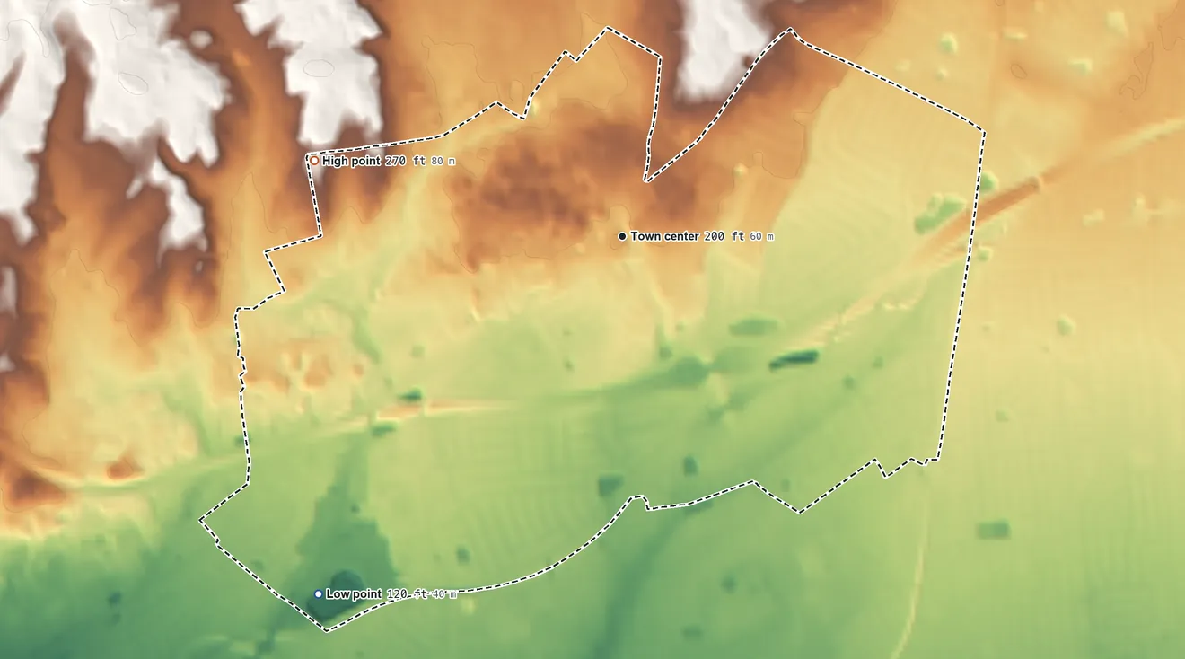 Topographic elevation map of Jericho, New York, shaded from 120 ft on the southwest side to 270 ft on the west side