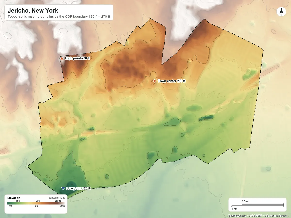 Topographic elevation map of Jericho, New York, shaded from 120 ft on the southwest side to 270 ft on the west side
