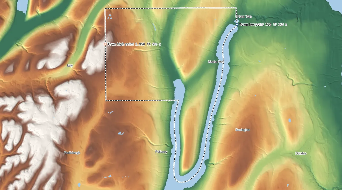 Topographic elevation map of Jerusalem, New York, shaded from 710 ft on the northeast side to 1,950 ft on the west side