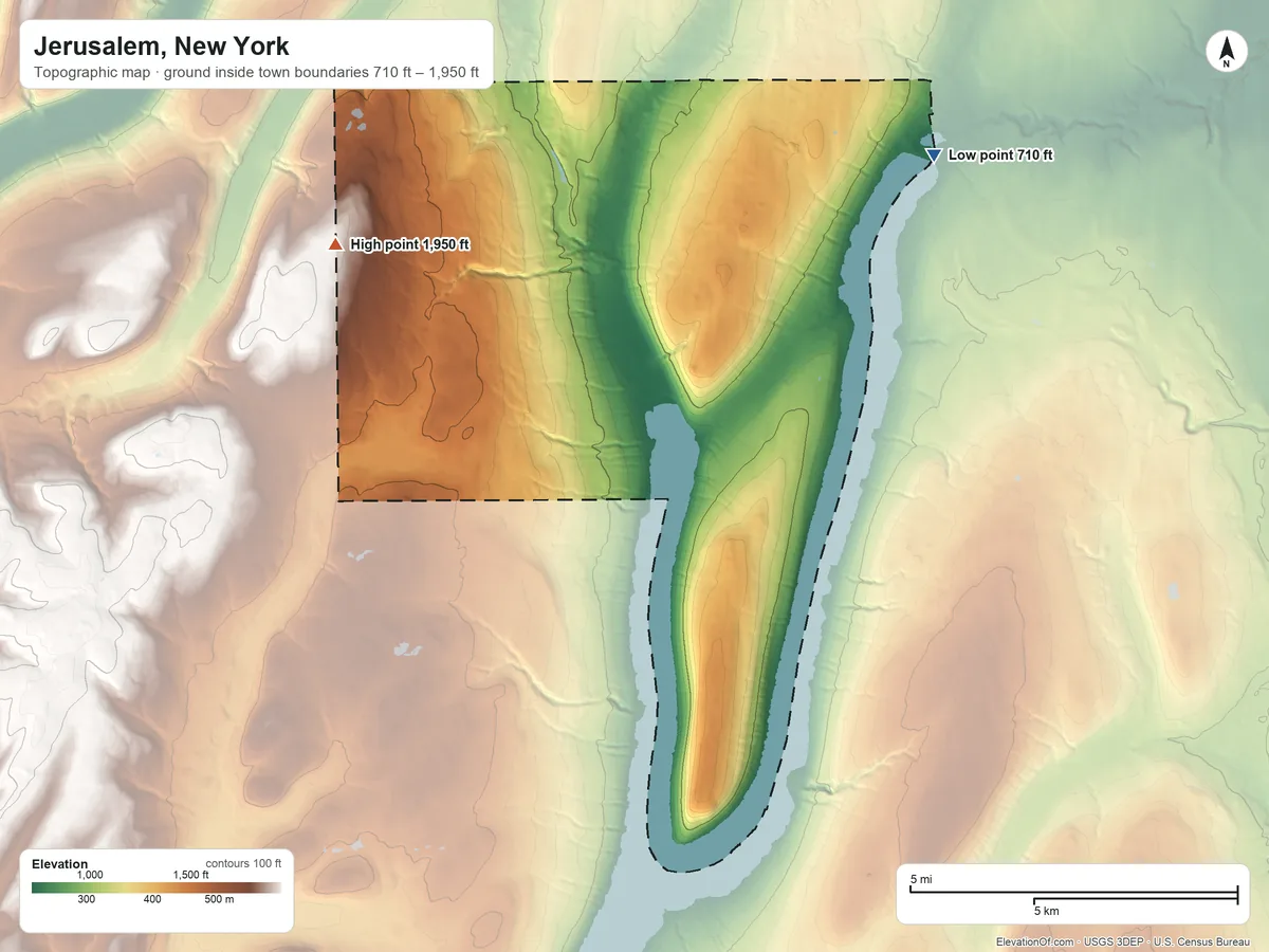 Topographic elevation map of Jerusalem, New York, shaded from 710 ft on the northeast side to 1,950 ft on the west side