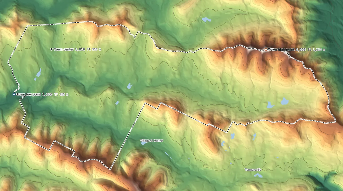 Topographic elevation map of Jewett, New York, shaded from 1,360 ft on the southwest side to 3,990 ft on Black Dome