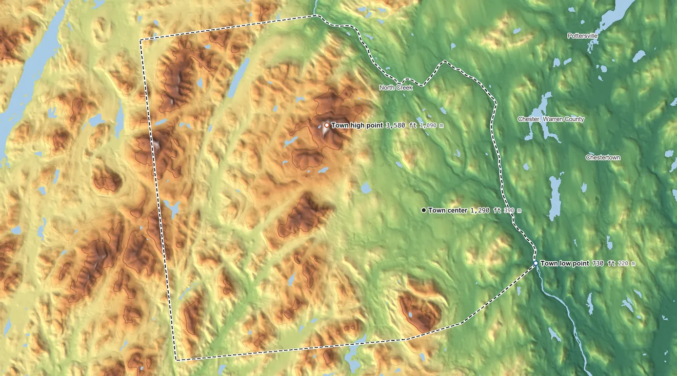 Topographic elevation map of Johnsburg, New York, shaded from 730 ft on the southeast side to 3,580 ft on Gore Mountain