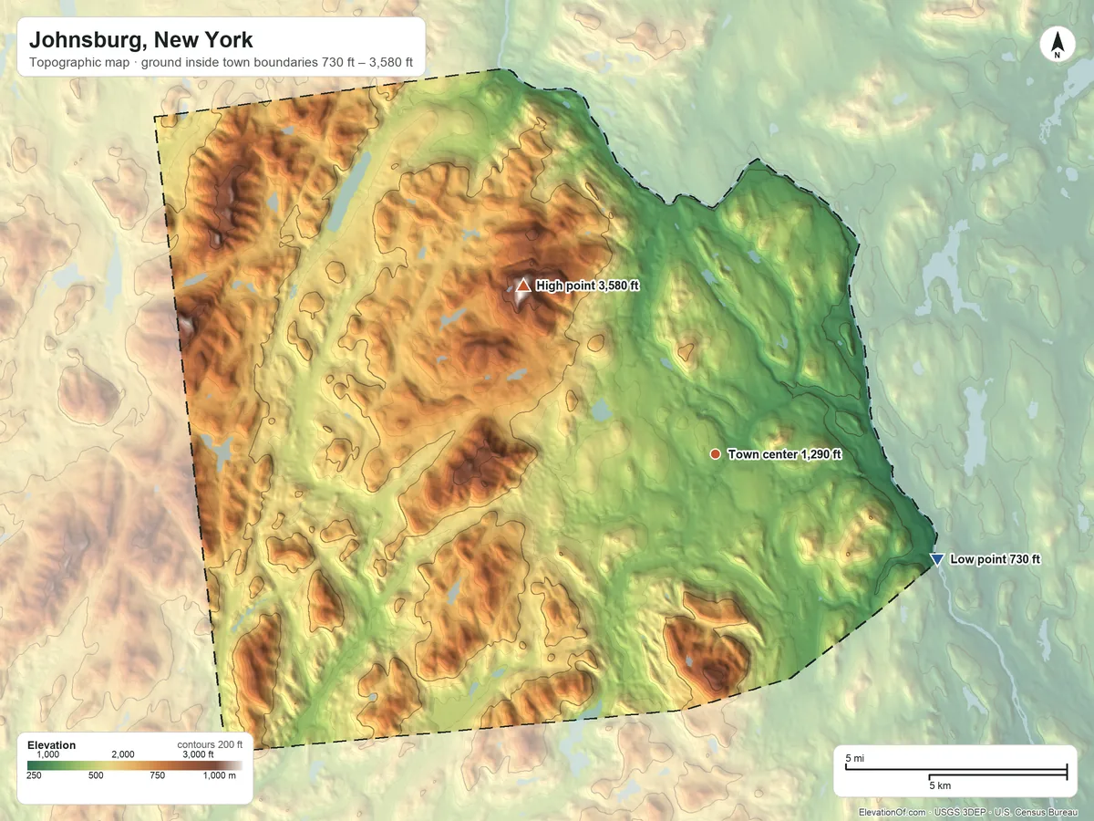 Topographic elevation map of Johnsburg, New York, shaded from 730 ft on the southeast side to 3,580 ft on Gore Mountain