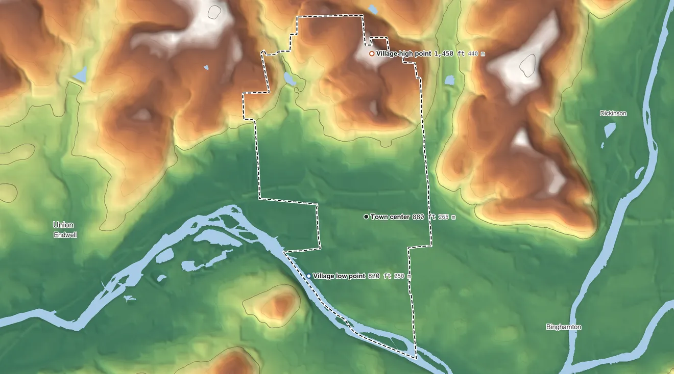 Topographic elevation map of Johnson City, New York, shaded from 820 ft on the southwest side to 1,450 ft on Deyo Hill