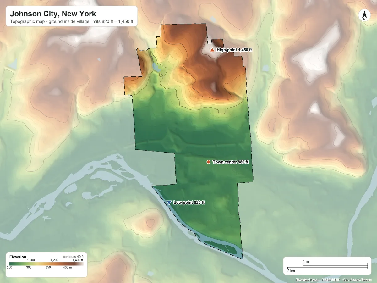 Topographic elevation map of Johnson City, New York, shaded from 820 ft on the southwest side to 1,450 ft on Deyo Hill