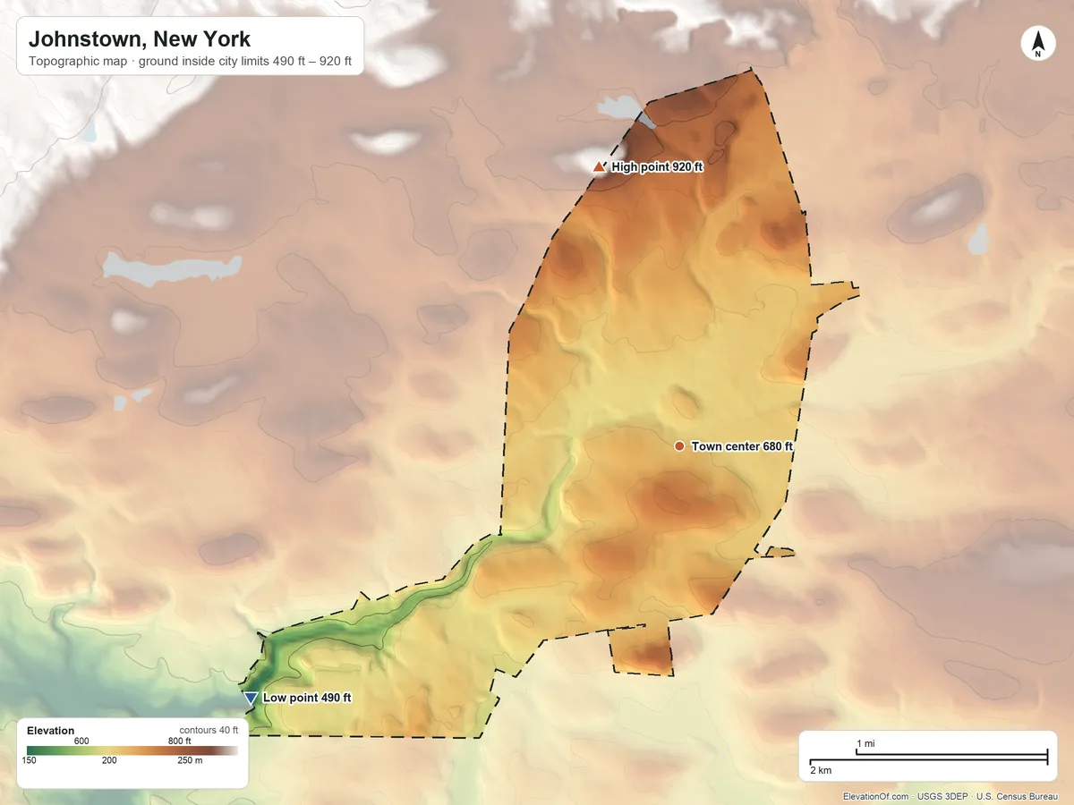 Topographic elevation map of Johnstown, New York, shaded from 490 ft on the southwest side to 920 ft on the north side