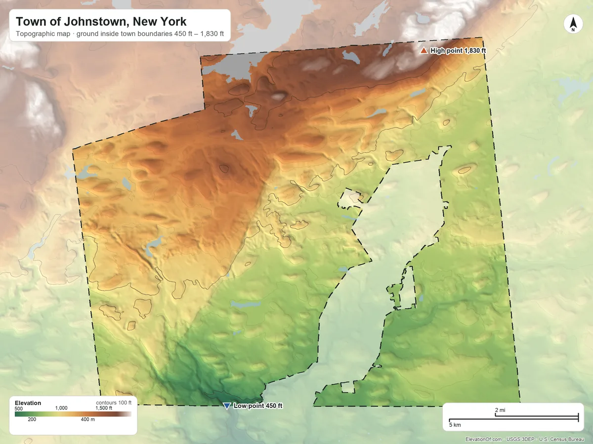 Topographic elevation map of Town of Johnstown, New York, shaded from 450 ft on the southwest side to 1,830 ft on the north side