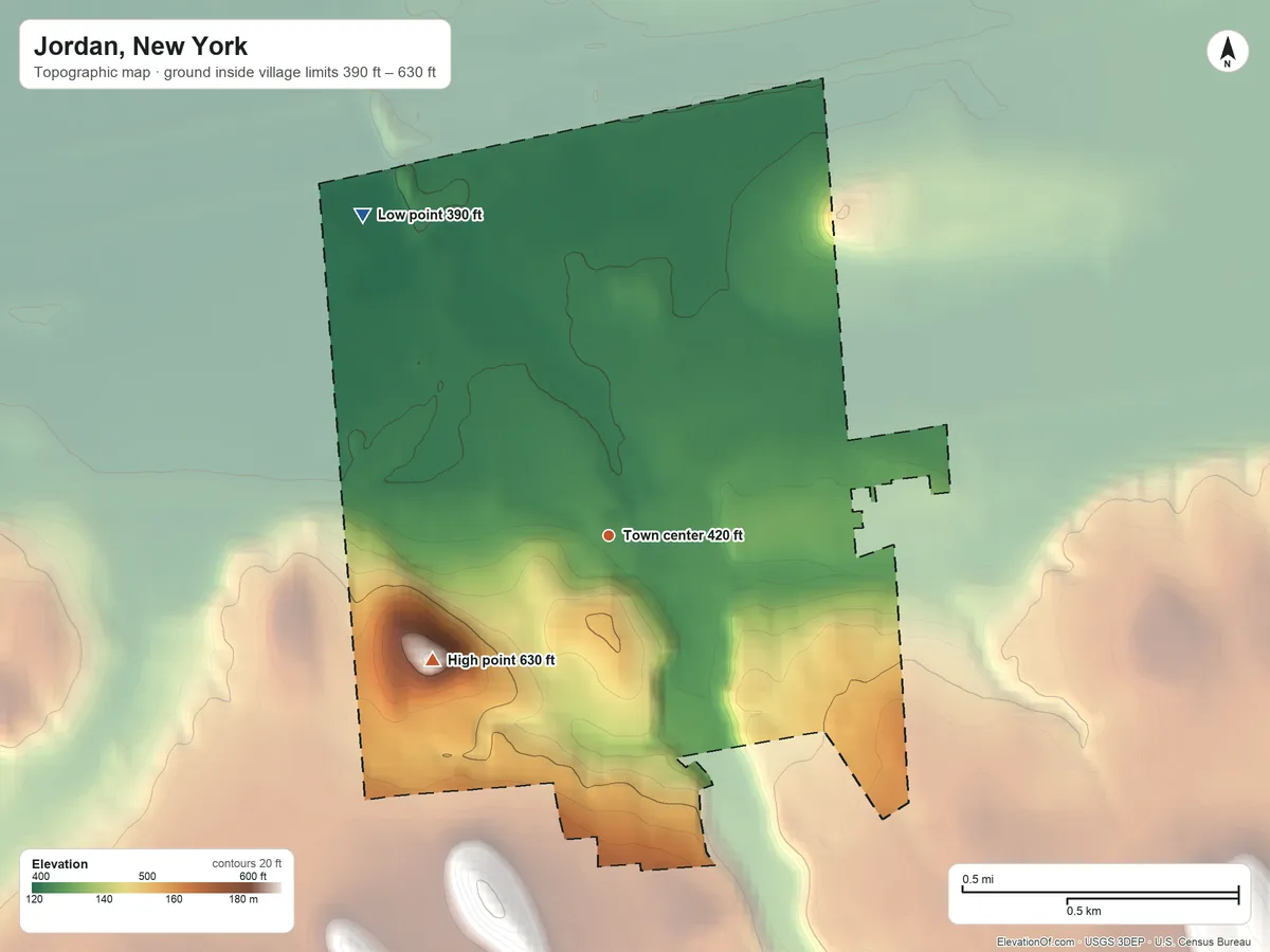 Topographic elevation map of Jordan, New York, shaded from 390 ft on the northwest side to 630 ft on the southwest side