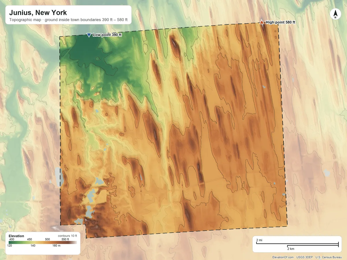 Topographic elevation map of Junius, New York, shaded from 390 ft on the northwest side to 580 ft on the northeast side