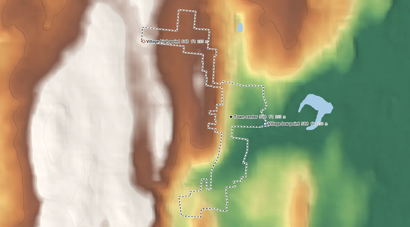 Topographic elevation map of Kaser, New York, shaded from 500 ft on the east side to 640 ft on the northwest side