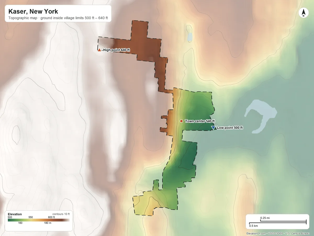 Topographic elevation map of Kaser, New York, shaded from 500 ft on the east side to 640 ft on the northwest side