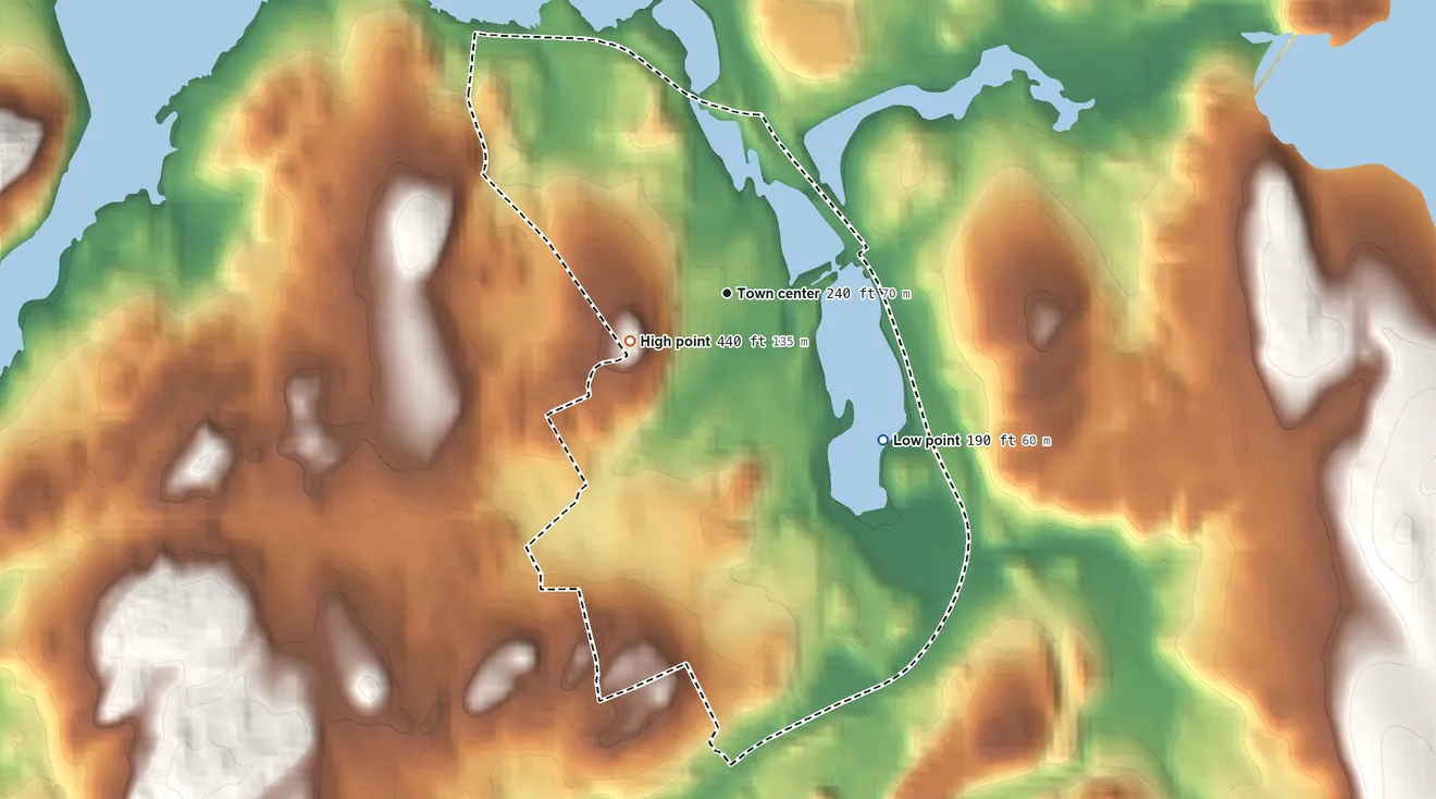 Topographic elevation map of Katonah, New York, shaded from 190 ft on the southeast side to 440 ft on the southwest side