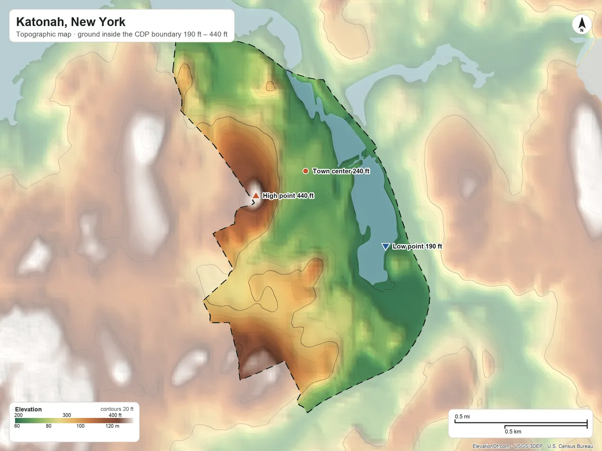 Topographic elevation map of Katonah, New York, shaded from 190 ft on the southeast side to 440 ft on the southwest side