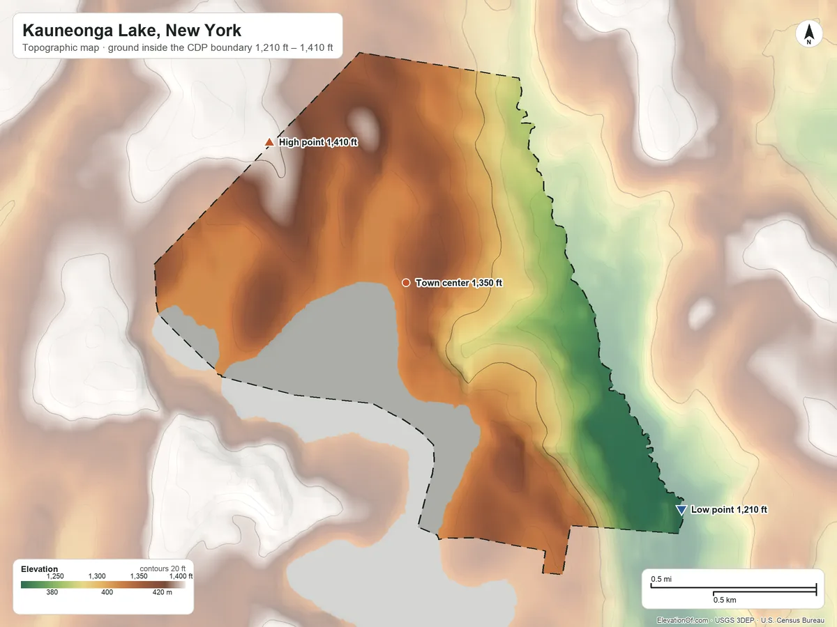 Topographic elevation map of Kauneonga Lake, New York, shaded from 1,210 ft on the southeast side to 1,410 ft on the northwest side