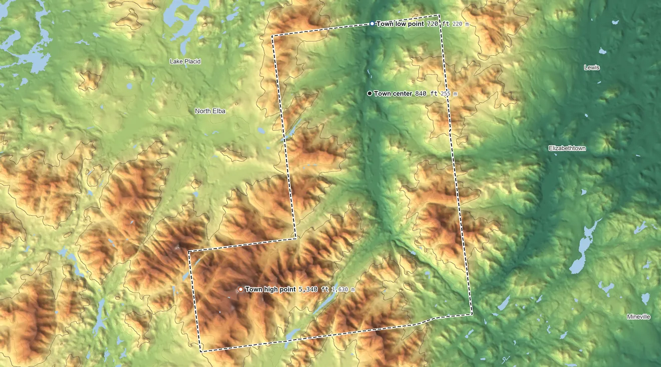 Topographic elevation map of Keene, New York, shaded from 720 ft on the north side to 5,343 ft on Mount Marcy