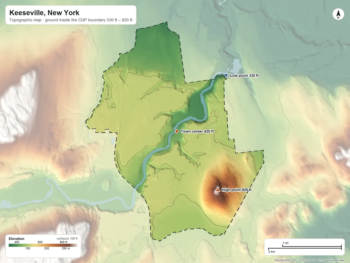 Topographic elevation map of Keeseville, New York, shaded from 330 ft on the northeast side to 920 ft on Prospect Mountain