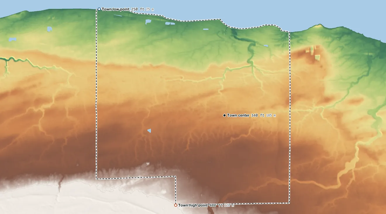 Topographic elevation map of Kendall, New York, shaded from 250 ft on the northwest side to 400 ft on the southwest side