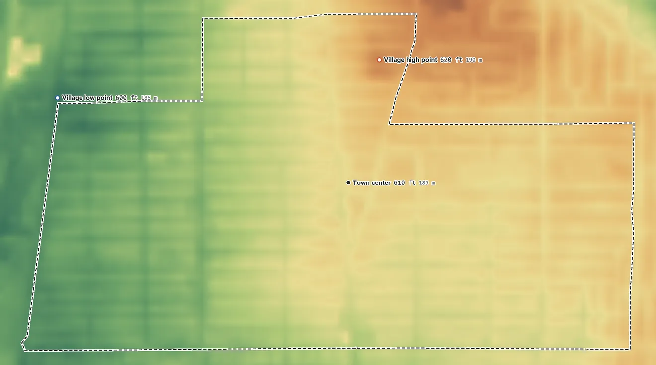 Topographic elevation map of Kenmore, New York, shaded from 600 ft on the west side to 620 ft on the north side