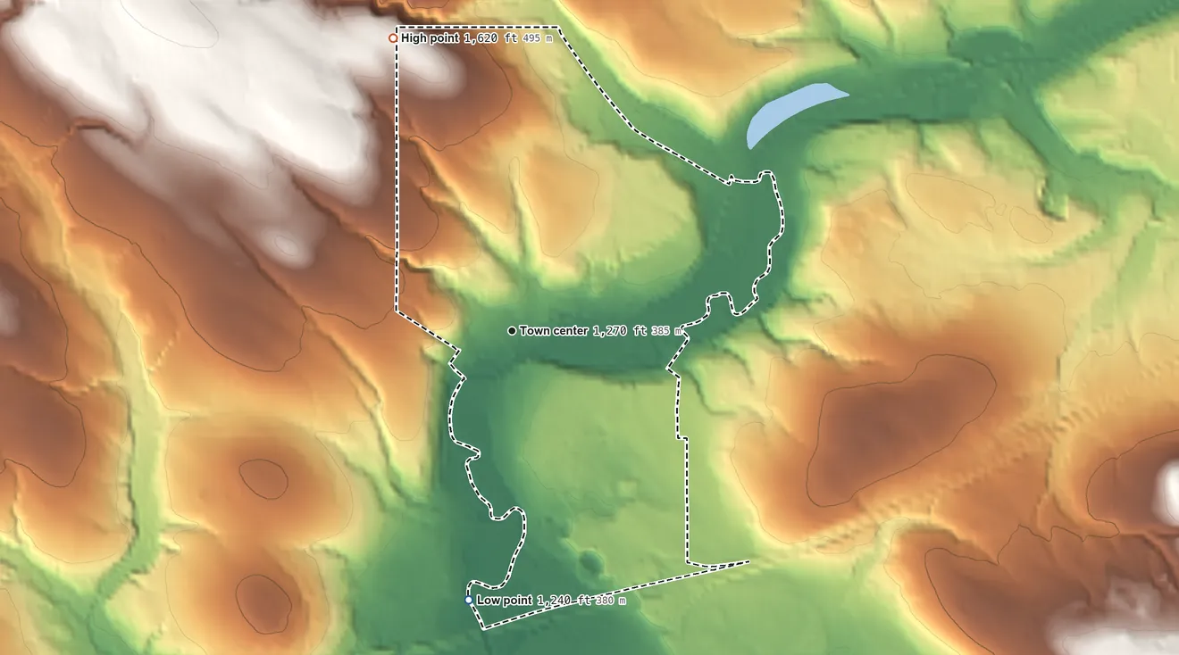 Topographic elevation map of Kennedy, New York, shaded from 1,240 ft on the south side to 1,620 ft on the north side