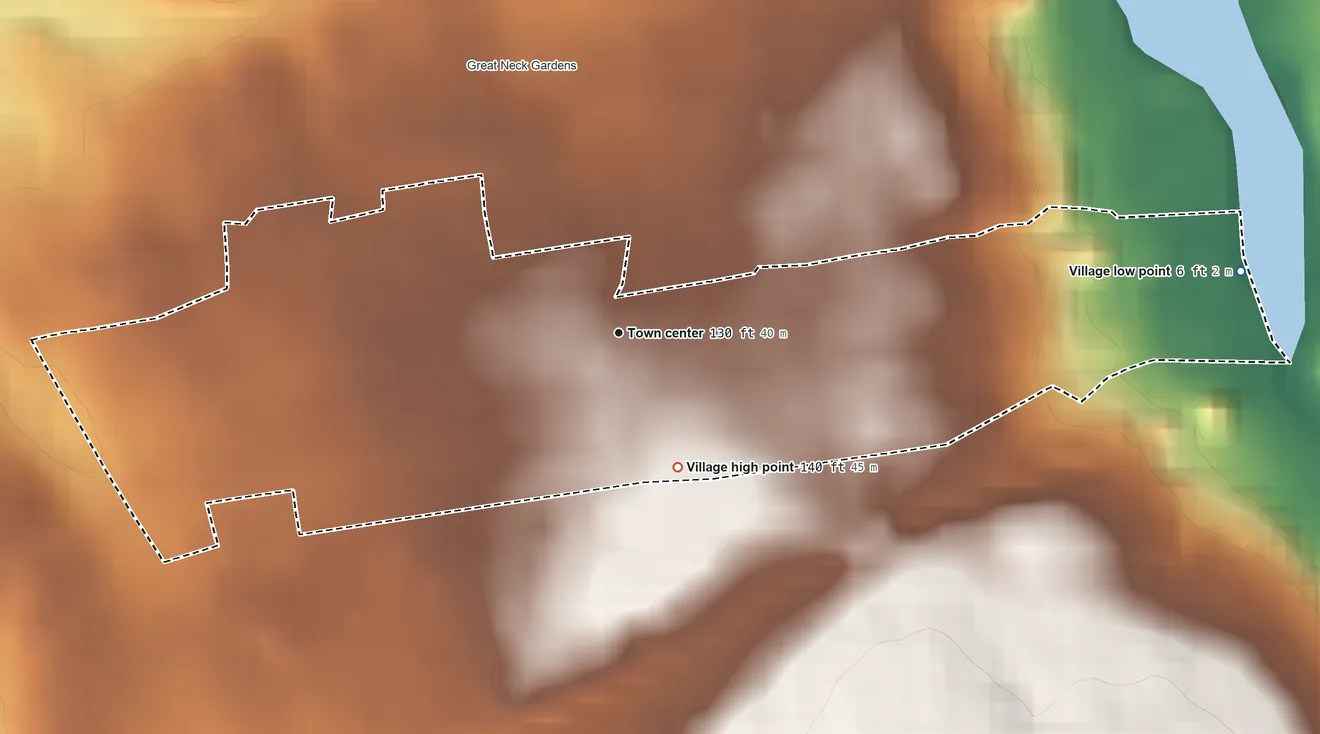 Topographic elevation map of Kensington, New York, shaded from 6 ft on the east side to 140 ft on the southeast side