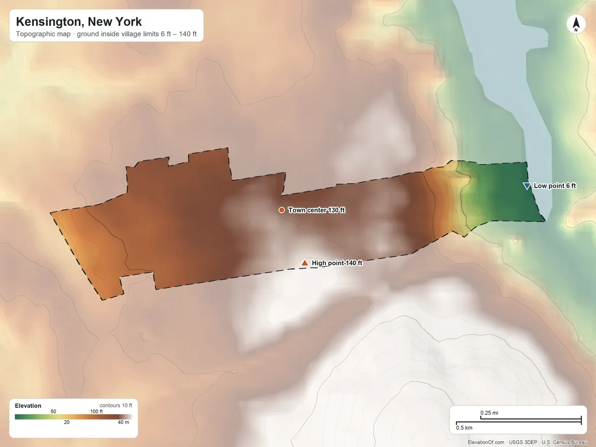 Topographic elevation map of Kensington, New York, shaded from 6 ft on the east side to 140 ft on the southeast side