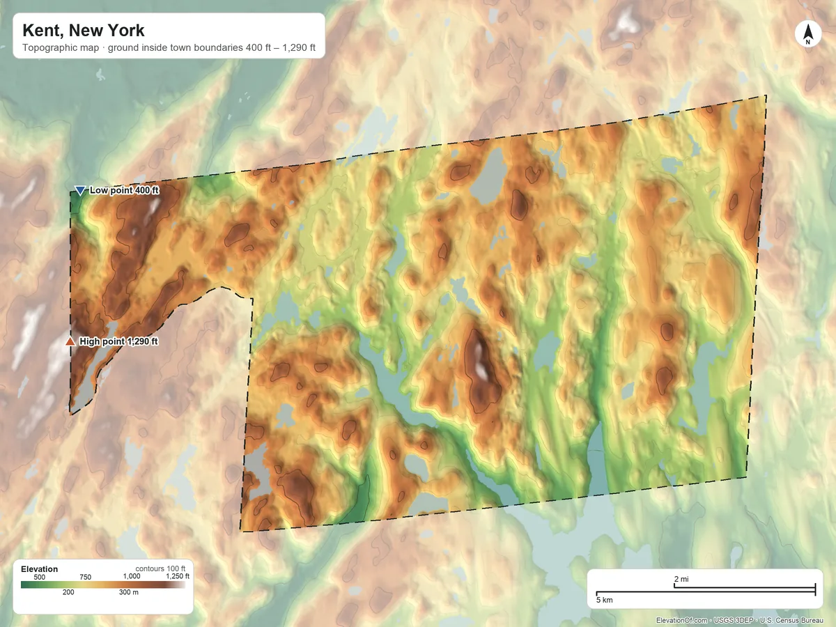 Topographic elevation map of Kent, New York, shaded from 400 ft on the west side to 1,290 ft on the west side