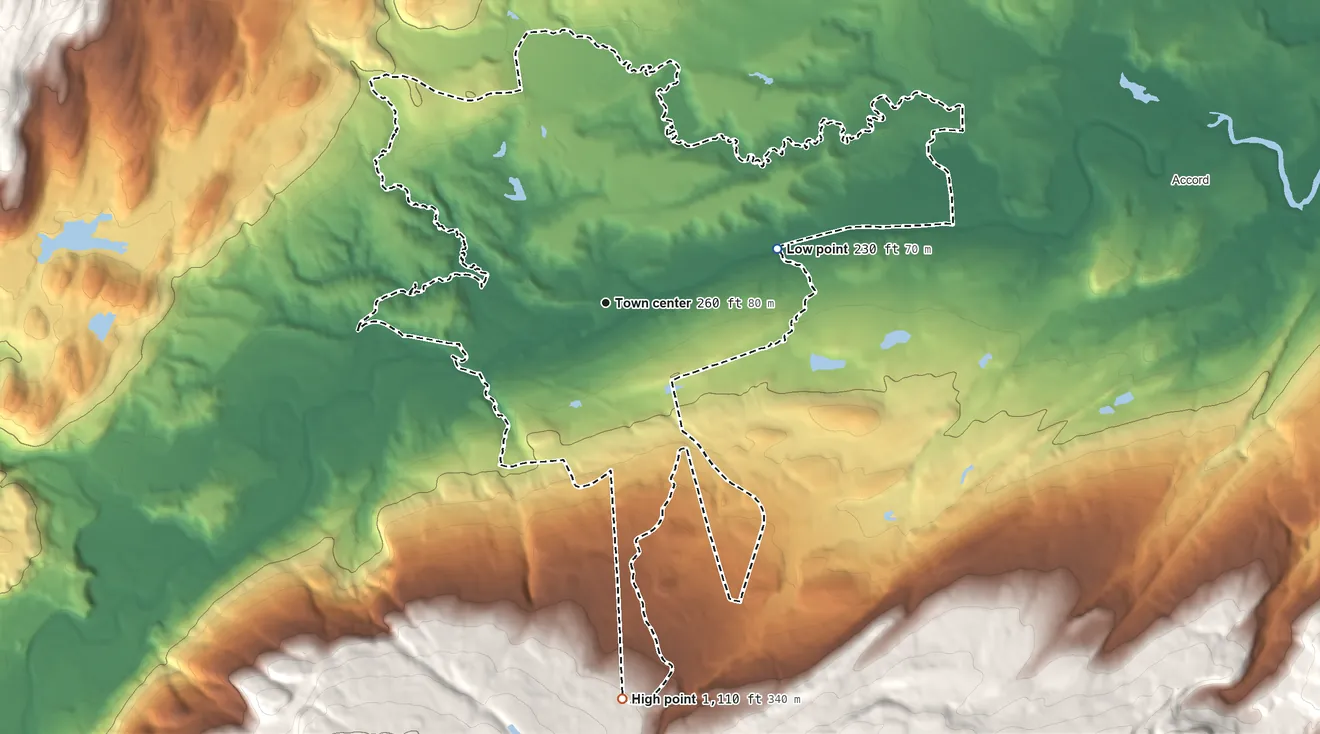 Topographic elevation map of Kerhonkson, New York, shaded from 230 ft on the east side to 1,110 ft at the foot of the Shawangunk Mountains